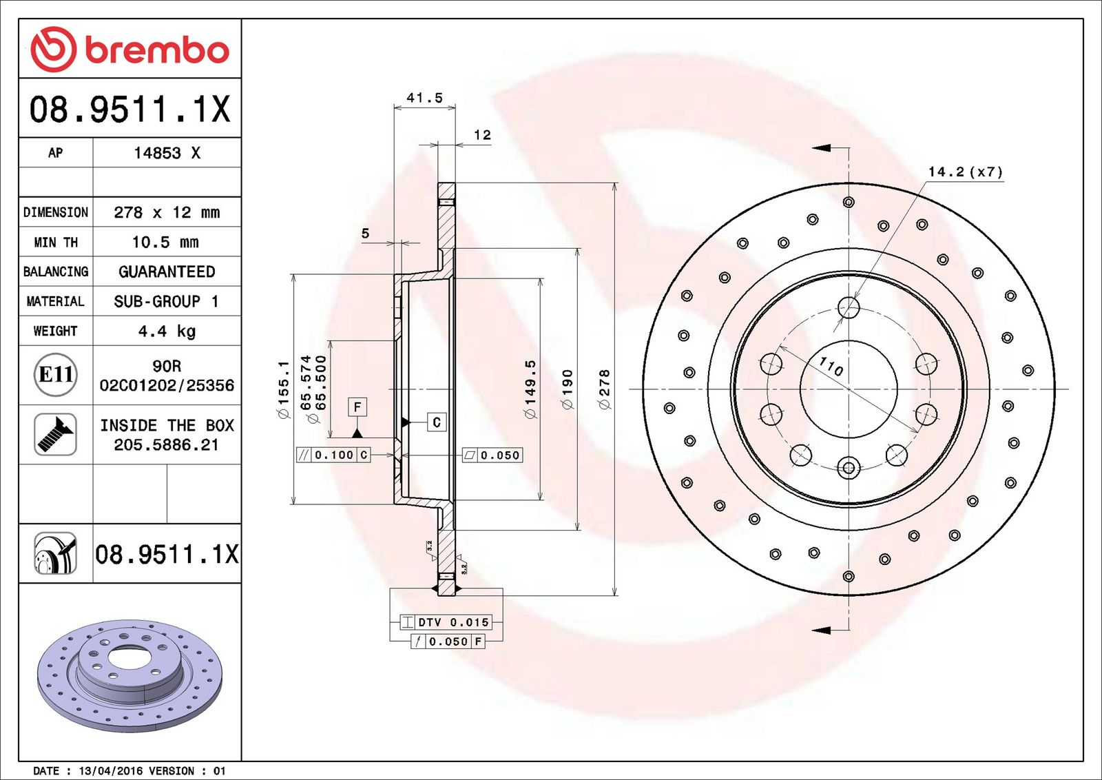 BREMBO 08.9511.1X - Bremsscheibe