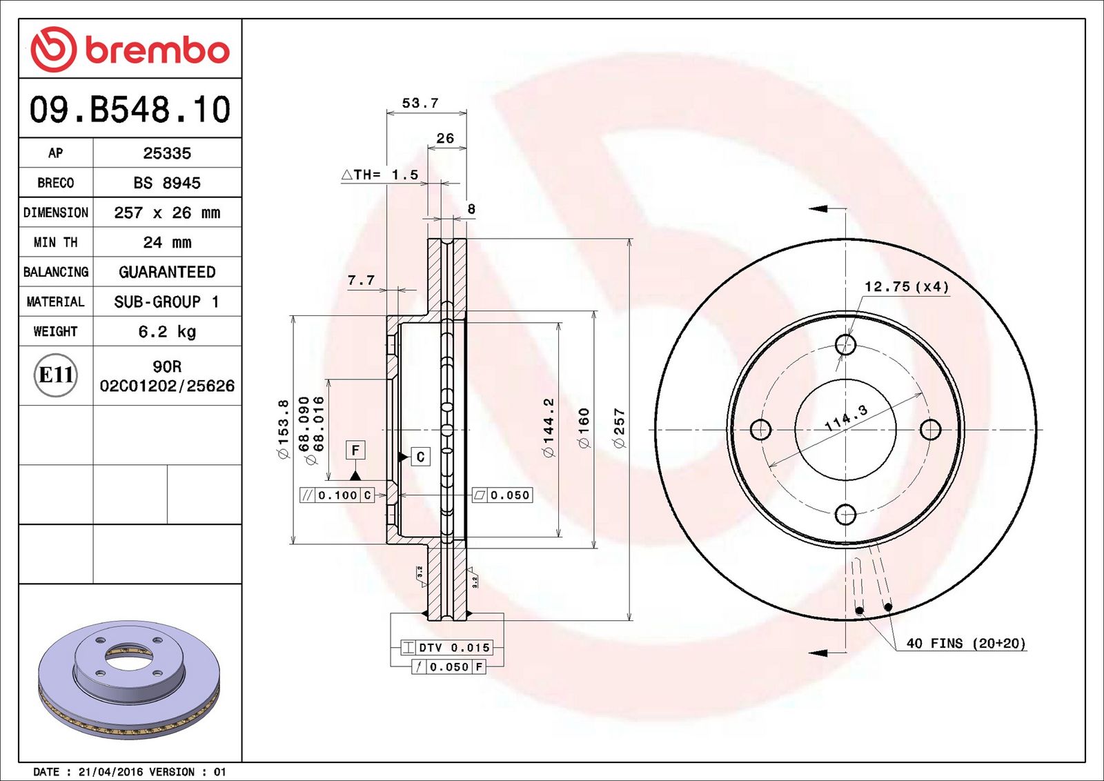 BREMBO 09.B548.10 - Bremsscheibe