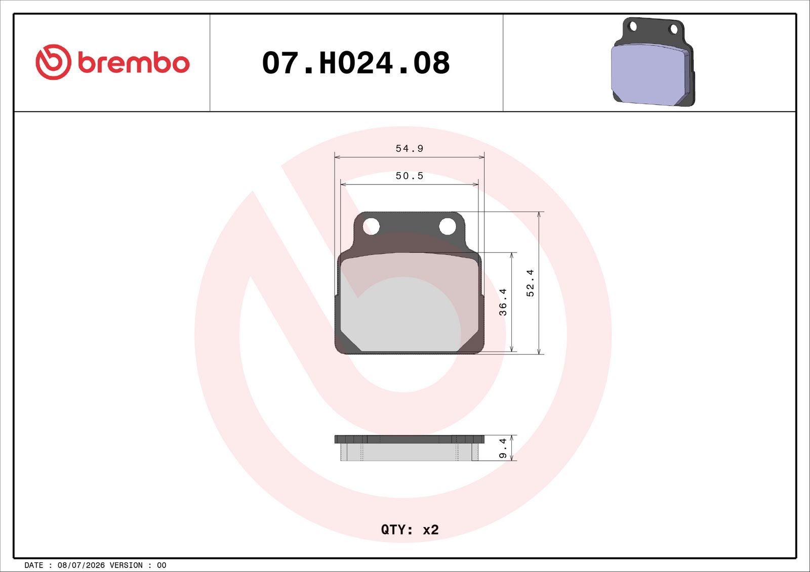 BREMBO 07HO2408 - Bremsbelagsatz, Scheibenbremse