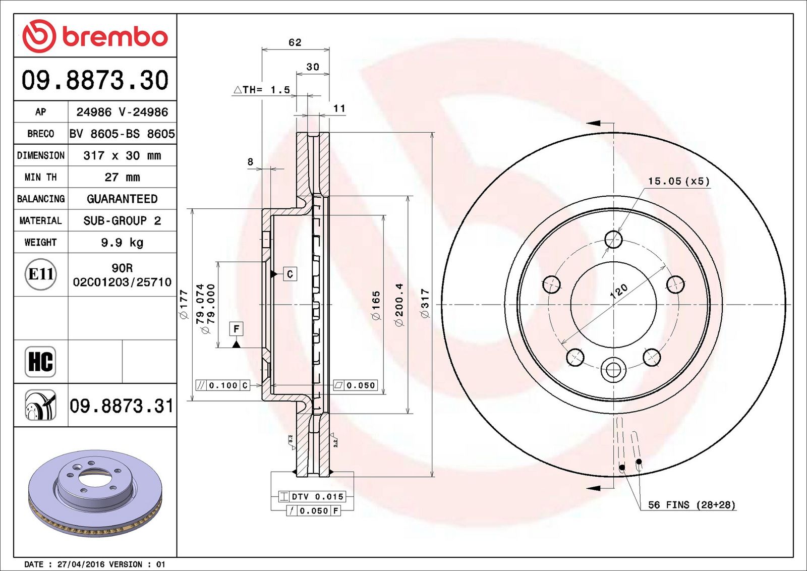 BREMBO 09.8873.31 - Bremsscheibe