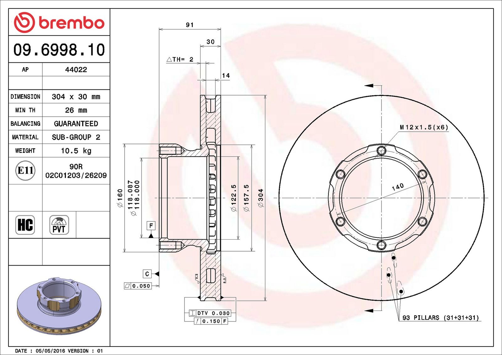 BREMBO 09.6998.10 - Bremsscheibe