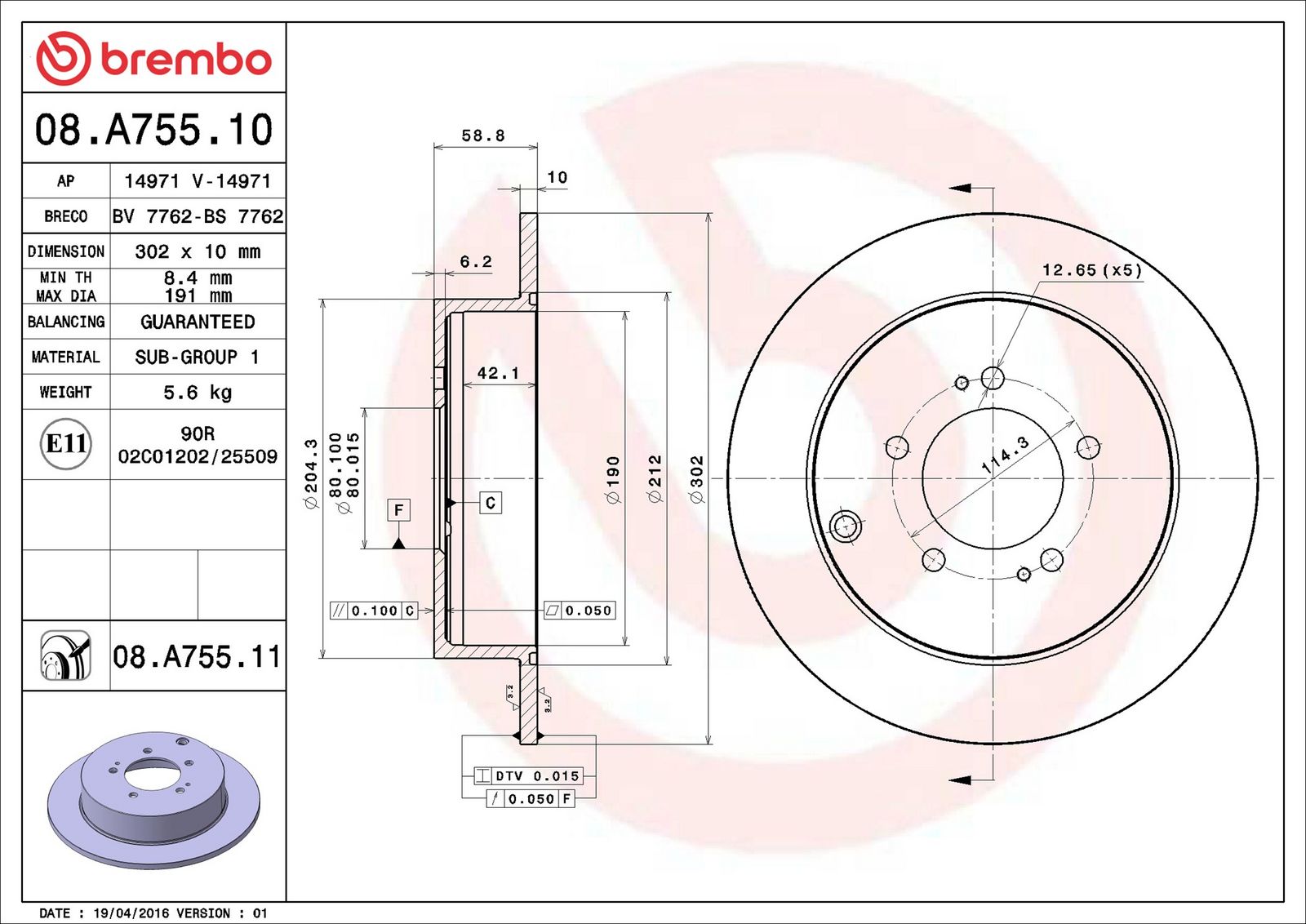 BREMBO 08.A755.11 - Bremsscheibe