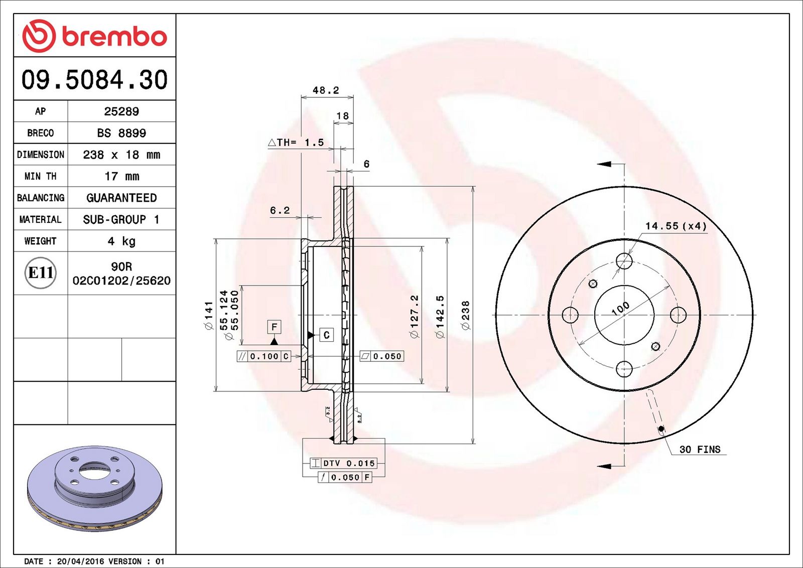 BREMBO 09.5084.30 - Bremsscheibe