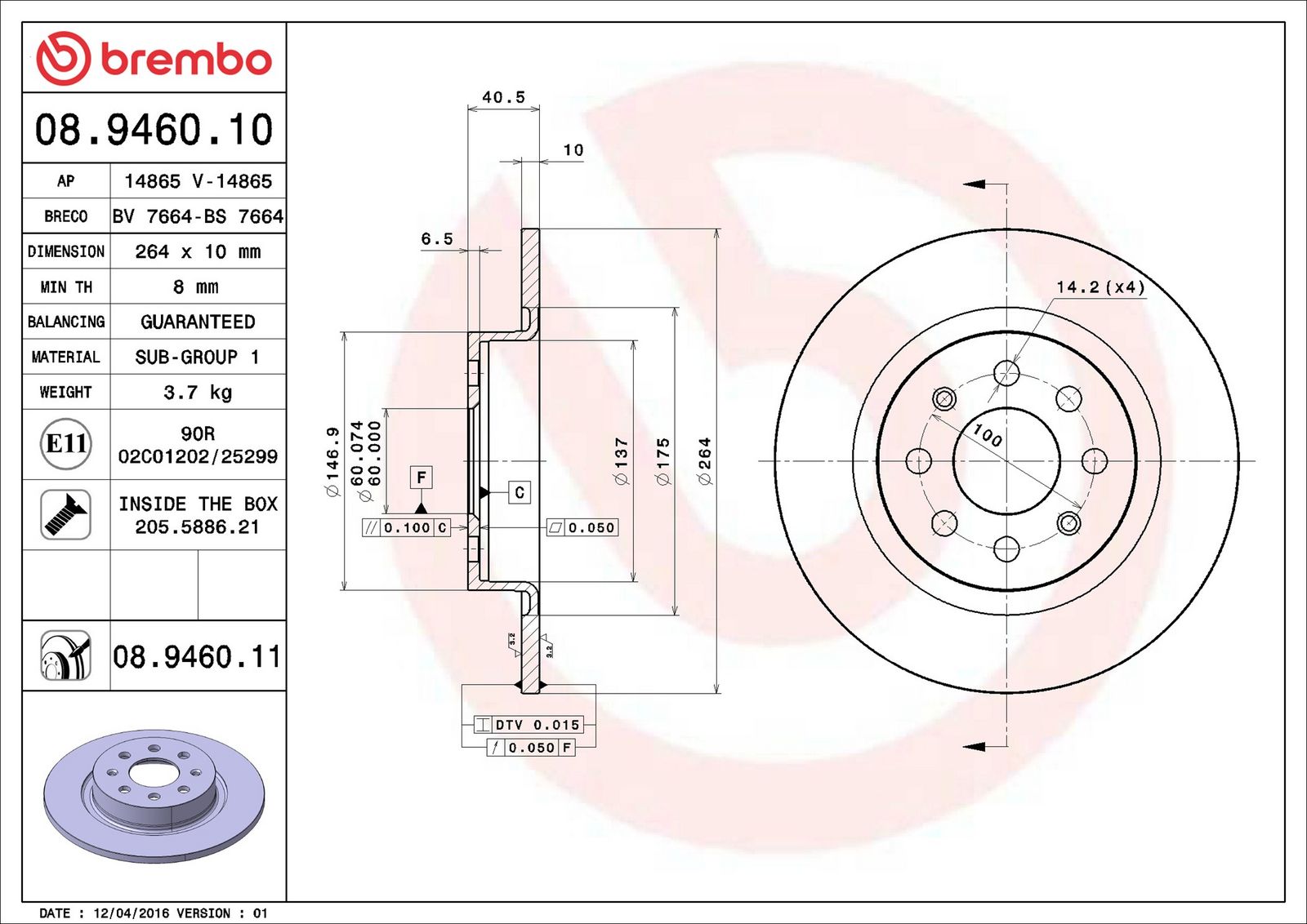 BREMBO 08.9460.11 - Bremsscheibe