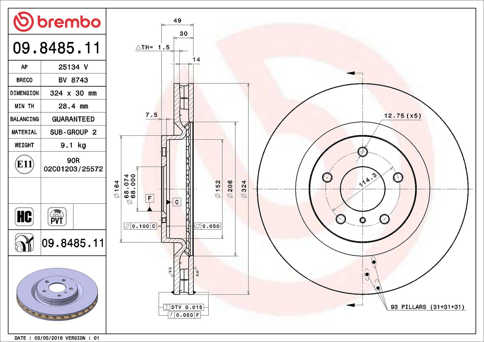 BREMBO 09.8485.11 - Bremsscheibe