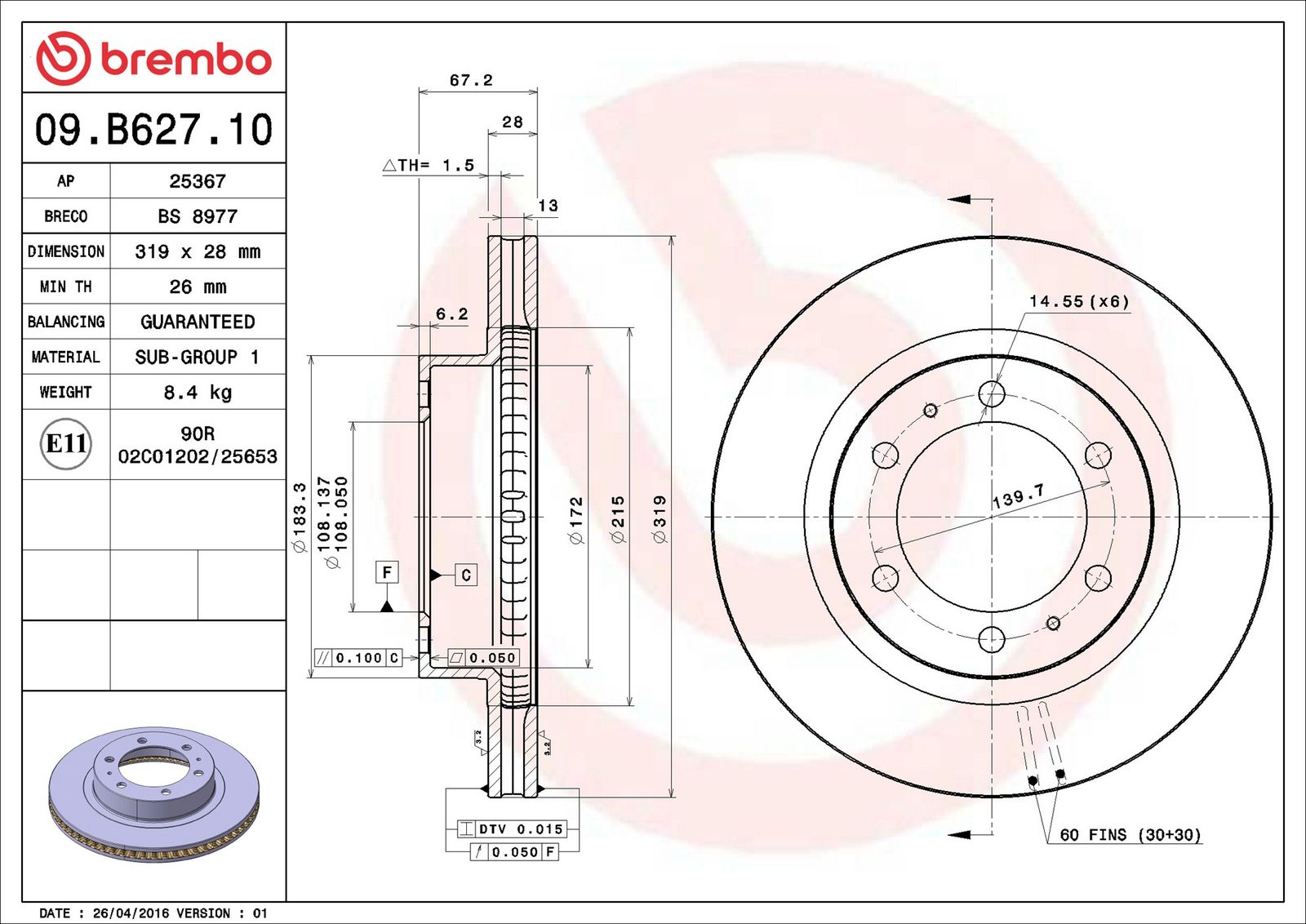 BREMBO 09.B627.10 - Bremsscheibe