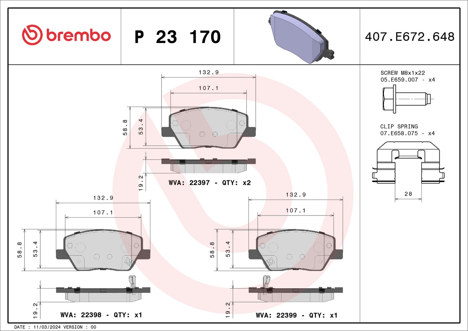 BREMBO P 23 170 - Bremsbelagsatz, Scheibenbremse