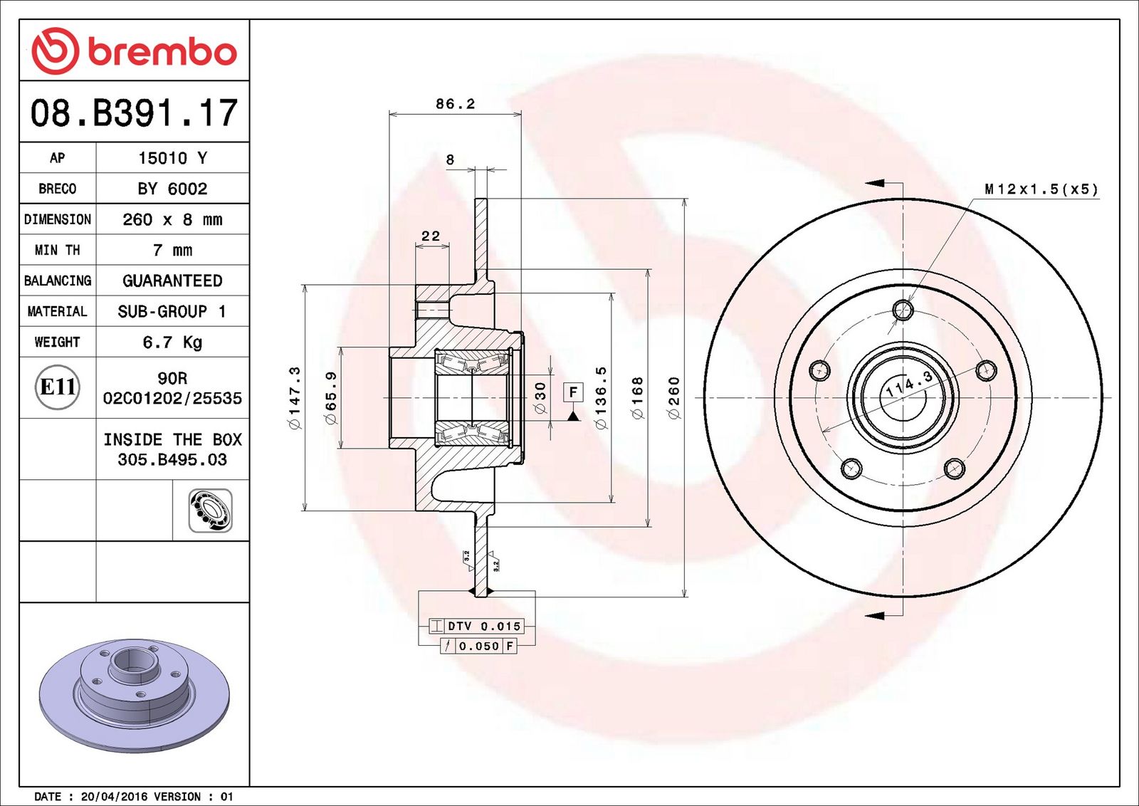 BREMBO 08.B391.17 - Bremsscheibe