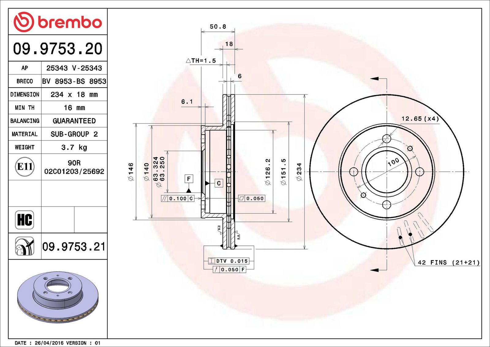 BREMBO 09.9753.21 - Bremsscheibe