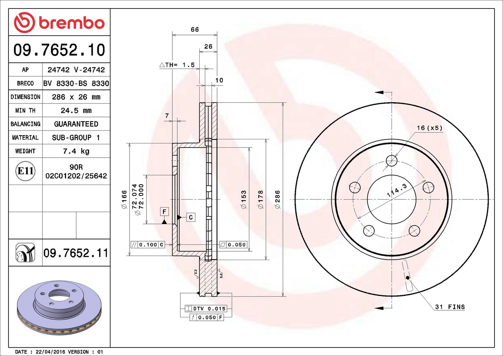 BREMBO 09.7652.10 - Bremsscheibe
