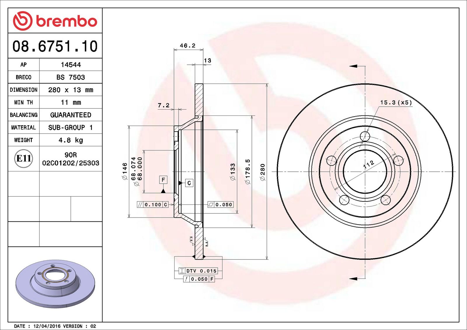 BREMBO 08.6751.10 - Bremsscheibe