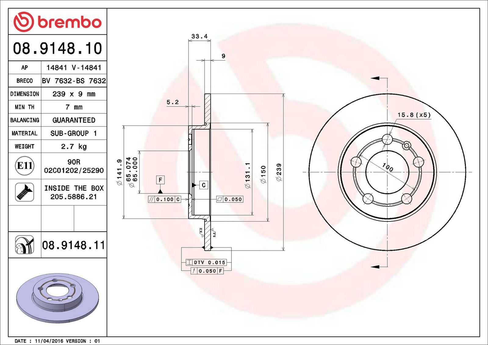 BREMBO 08.9148.11 - Bremsscheibe