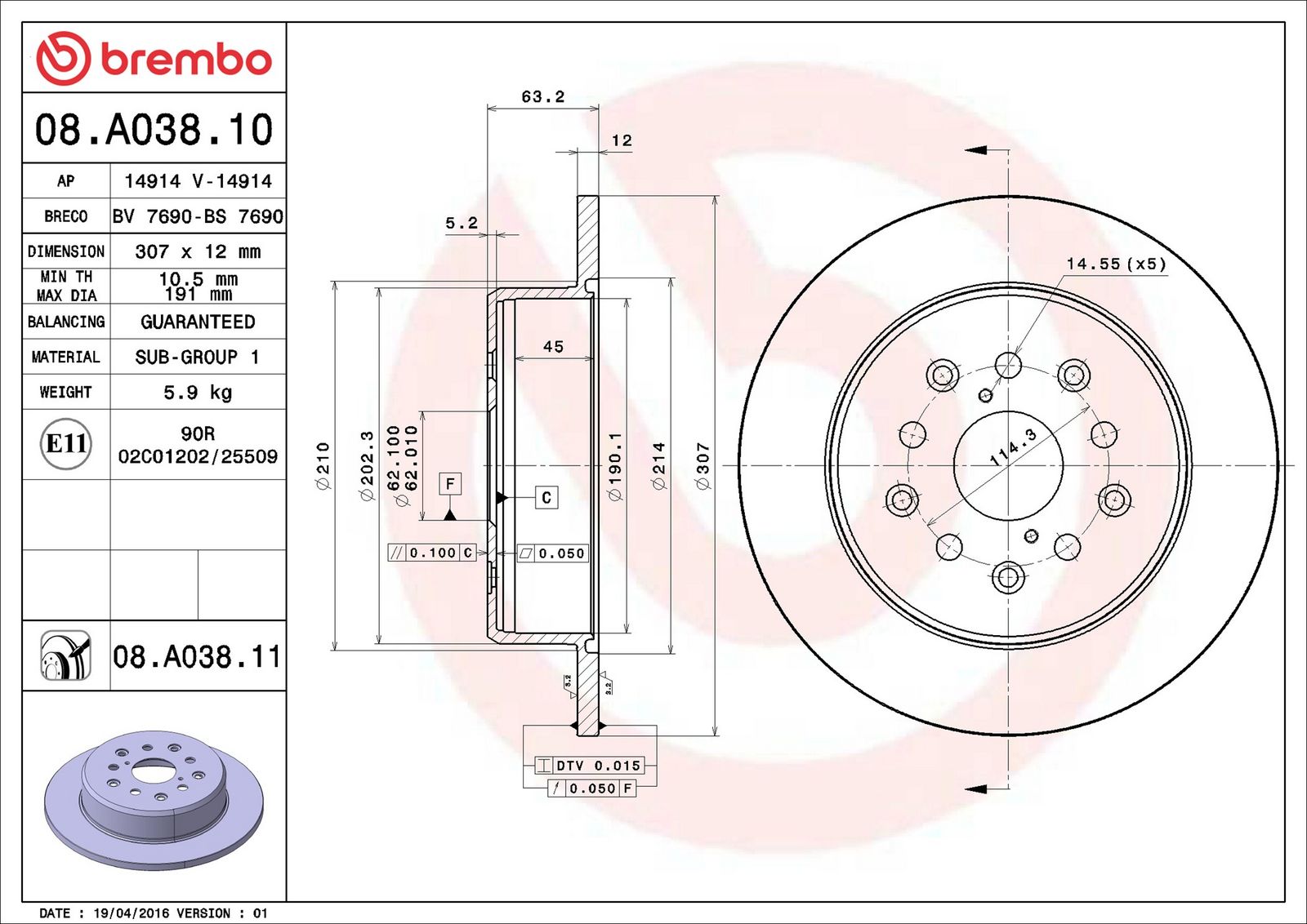 BREMBO 08.A038.11 - Bremsscheibe