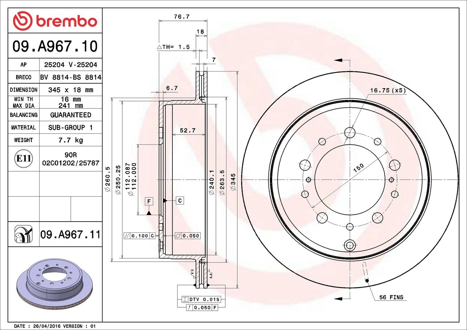 BREMBO 09.A967.11 - Bremsscheibe
