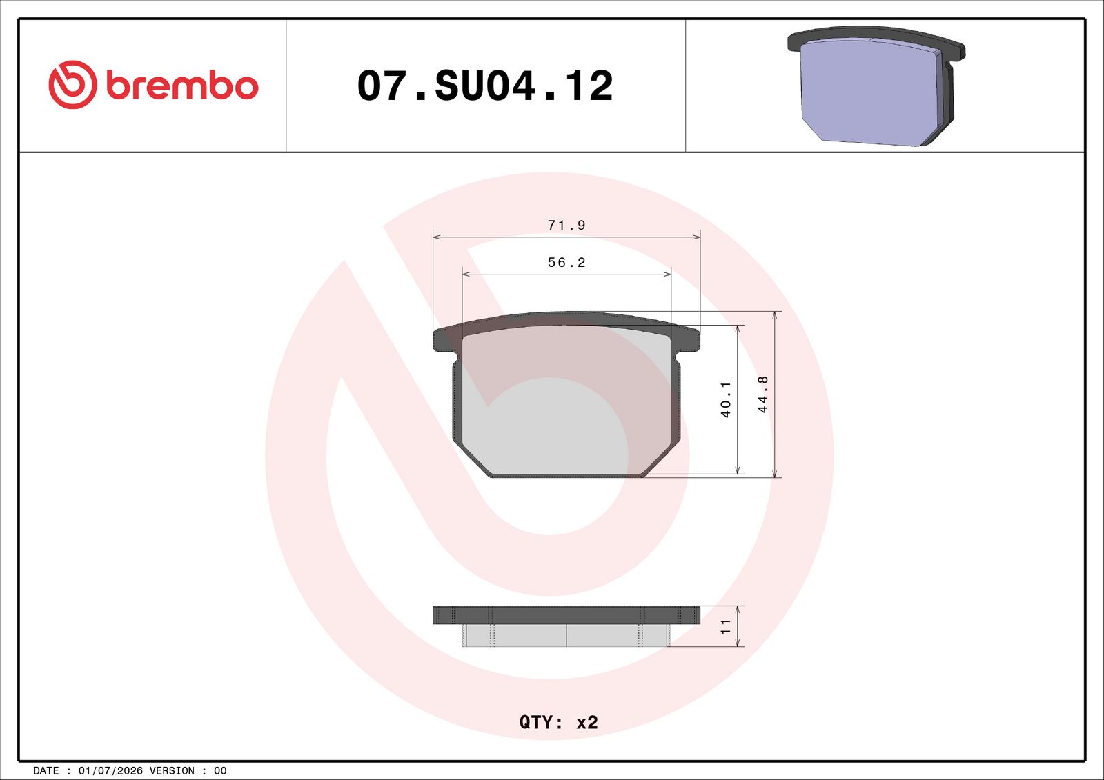 BREMBO 07SU0412 - Bremsbelagsatz, Scheibenbremse