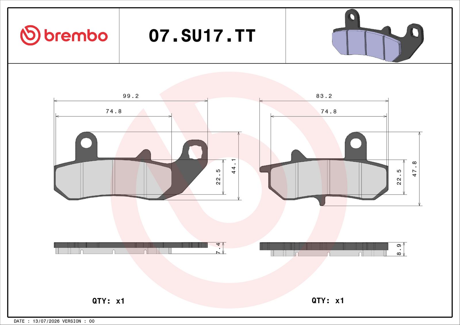 BREMBO 07SU17TT - Bremsbelagsatz, Scheibenbremse