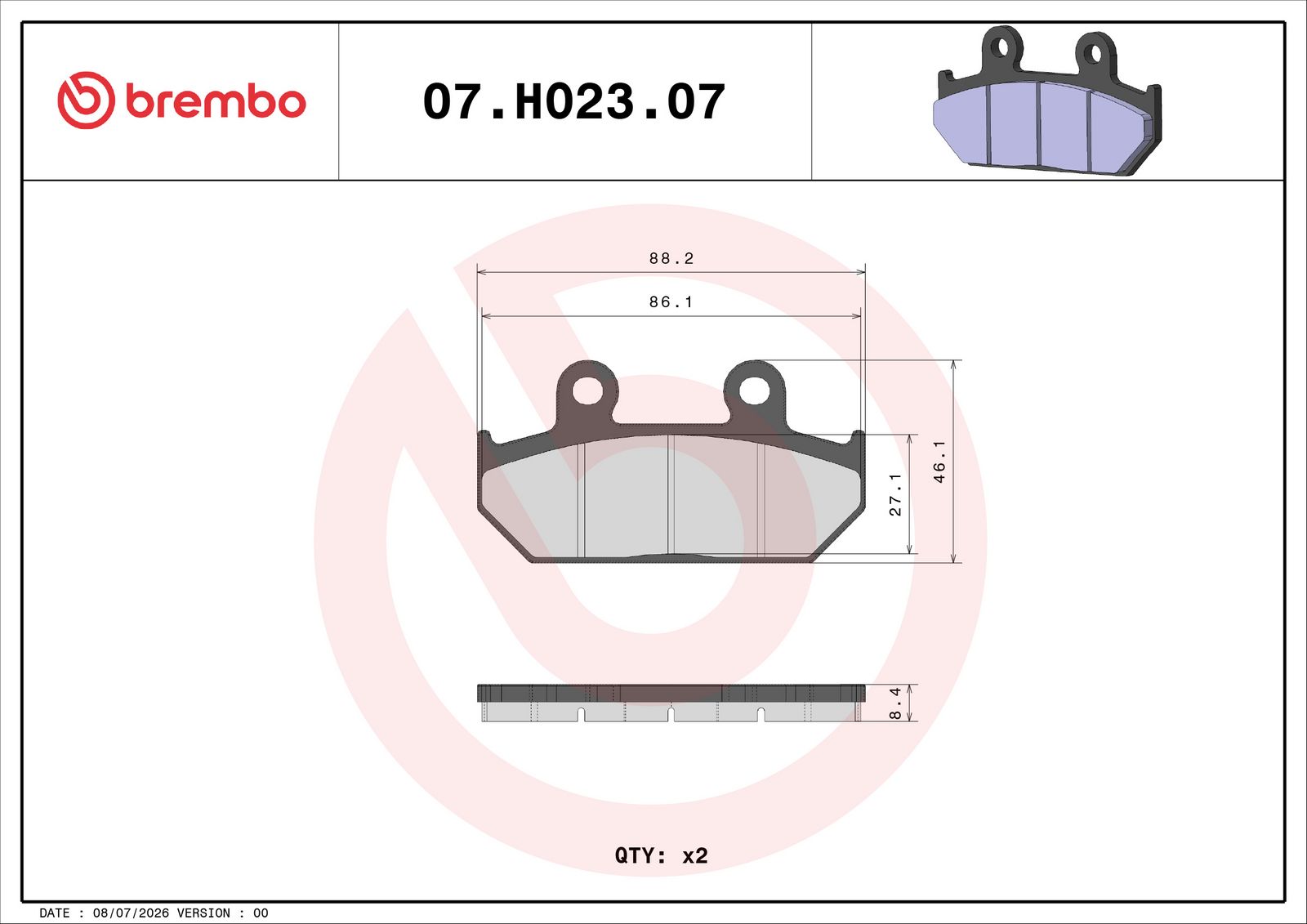 BREMBO 07HO2307 - Bremsbelagsatz, Scheibenbremse