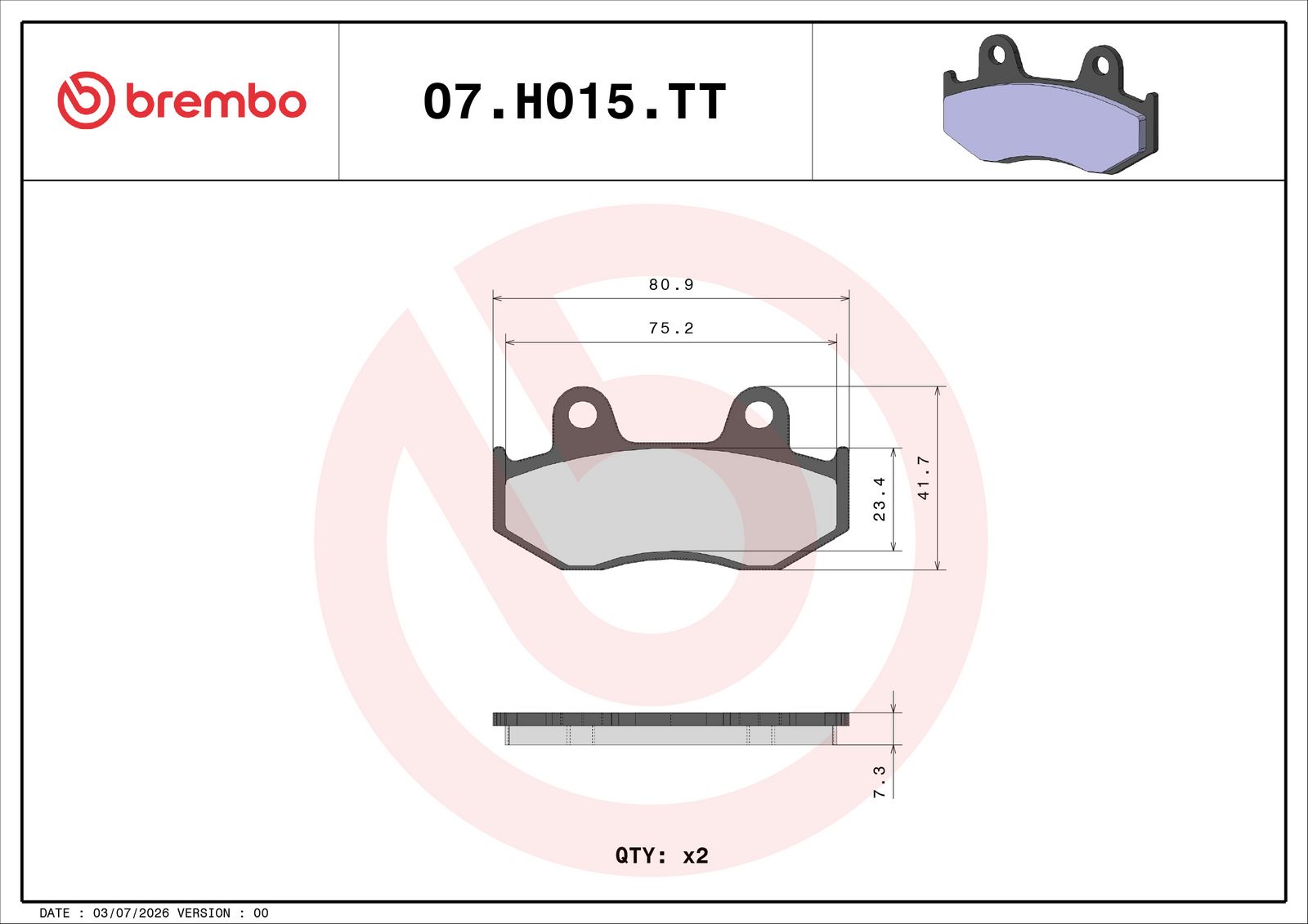 BREMBO 07HO15TT - Bremsbelagsatz, Scheibenbremse