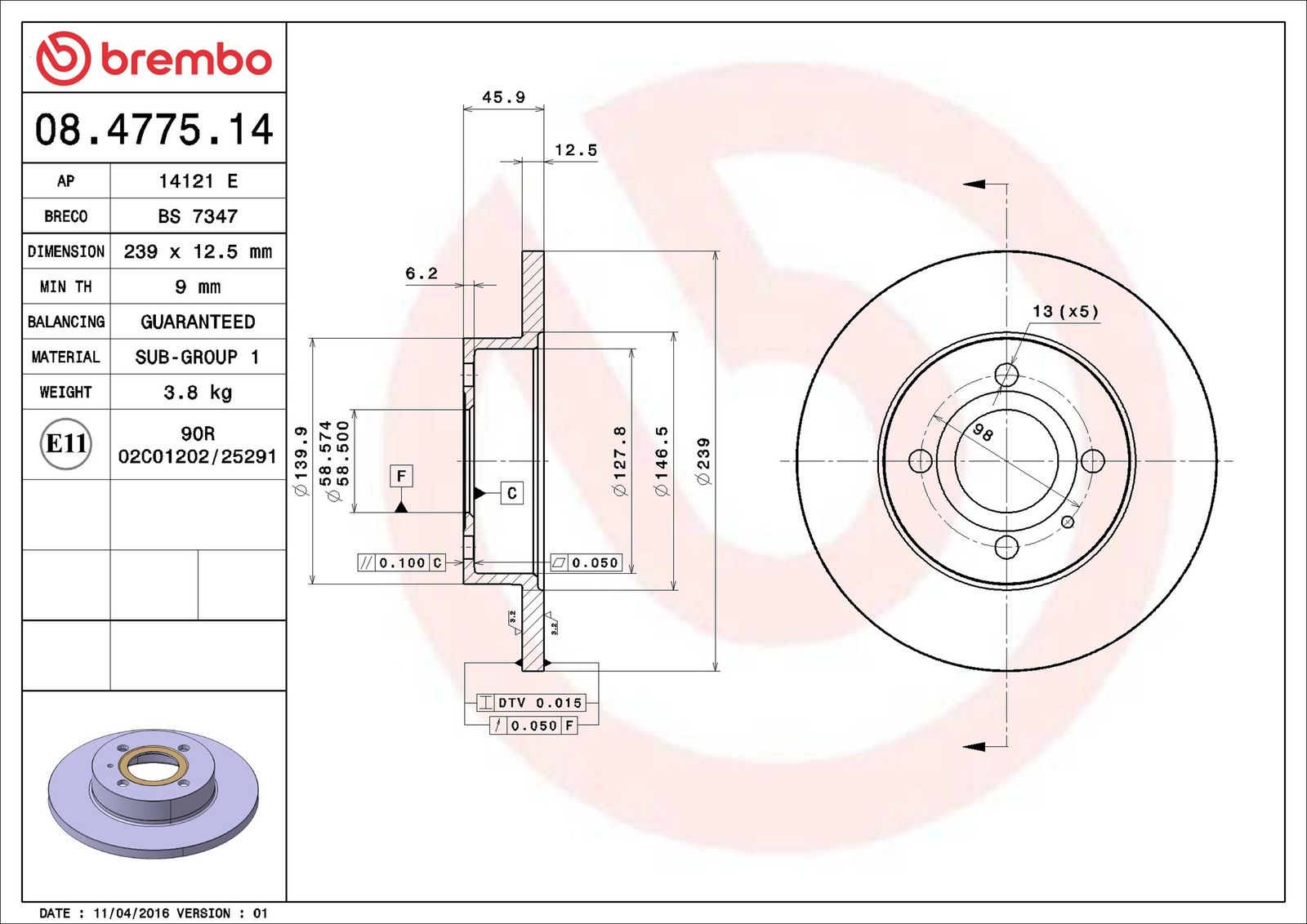 BREMBO 08.4775.14 - Bremsscheibe