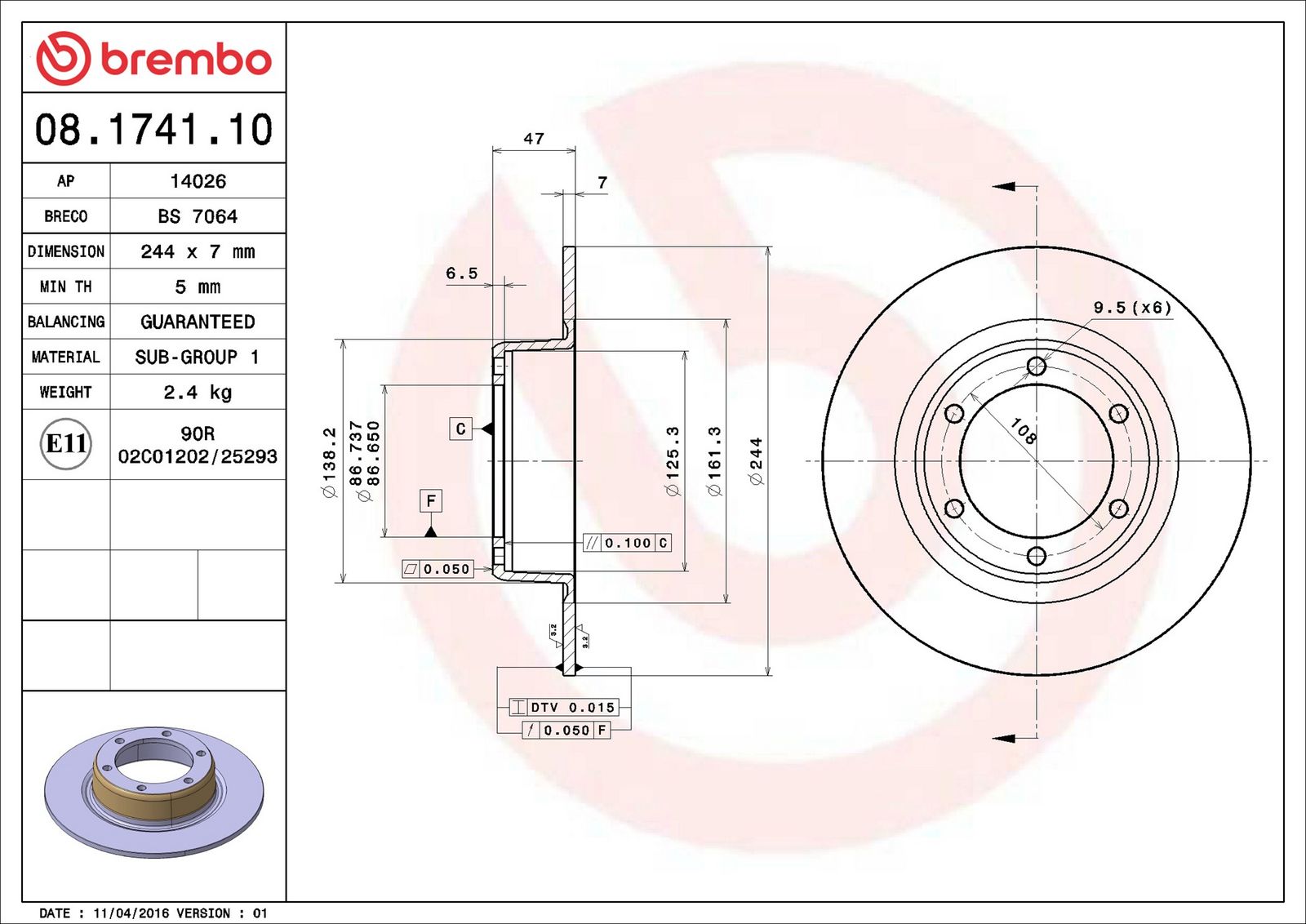 BREMBO 08.1630.10 - Bremsscheibe
