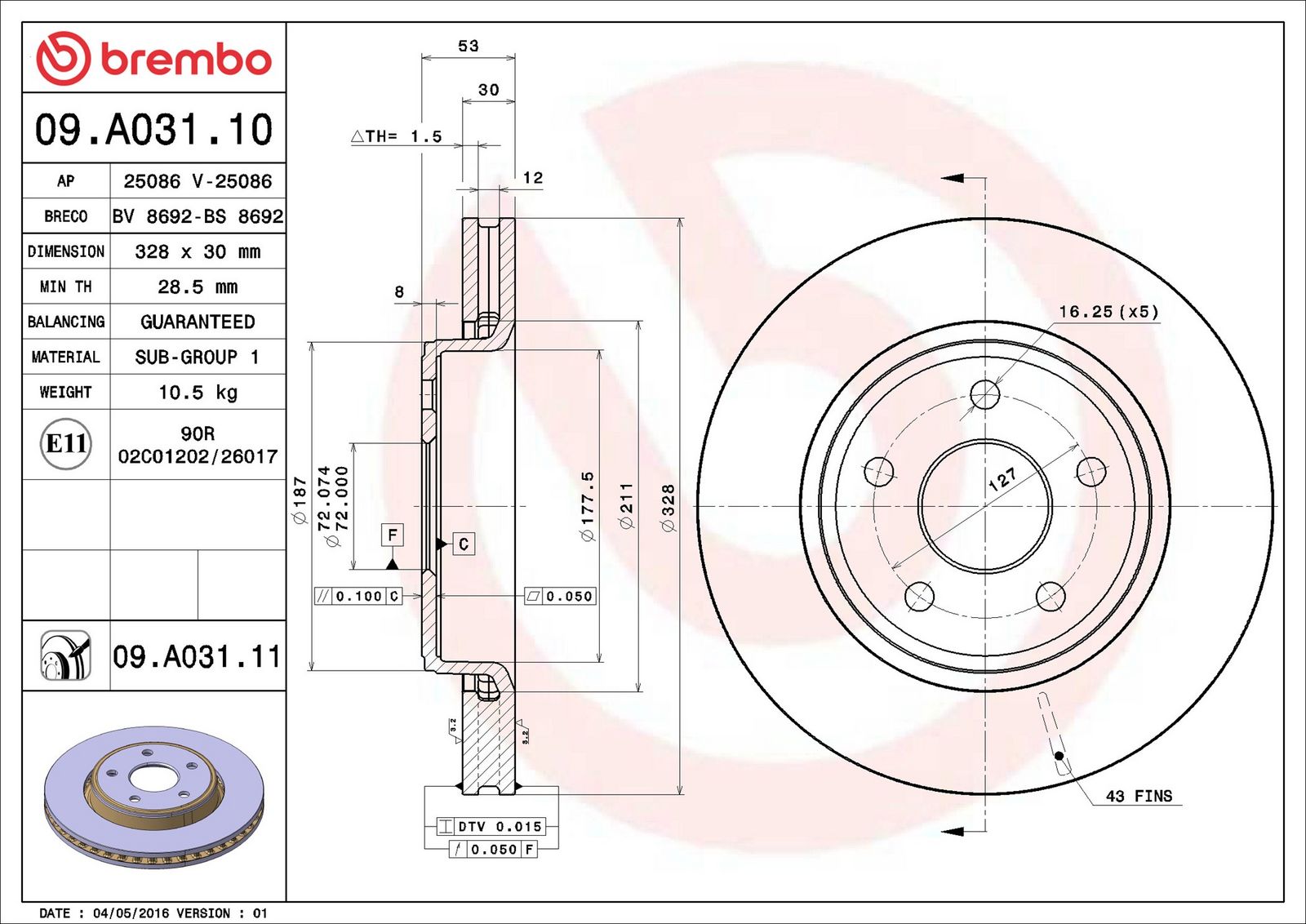 BREMBO 09.A031.11 - Bremsscheibe