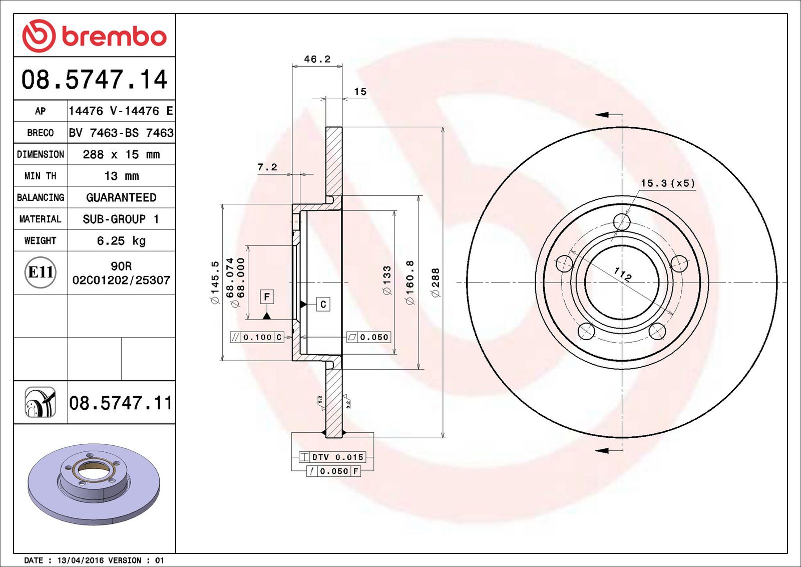 BREMBO 08.5747.11 - Bremsscheibe