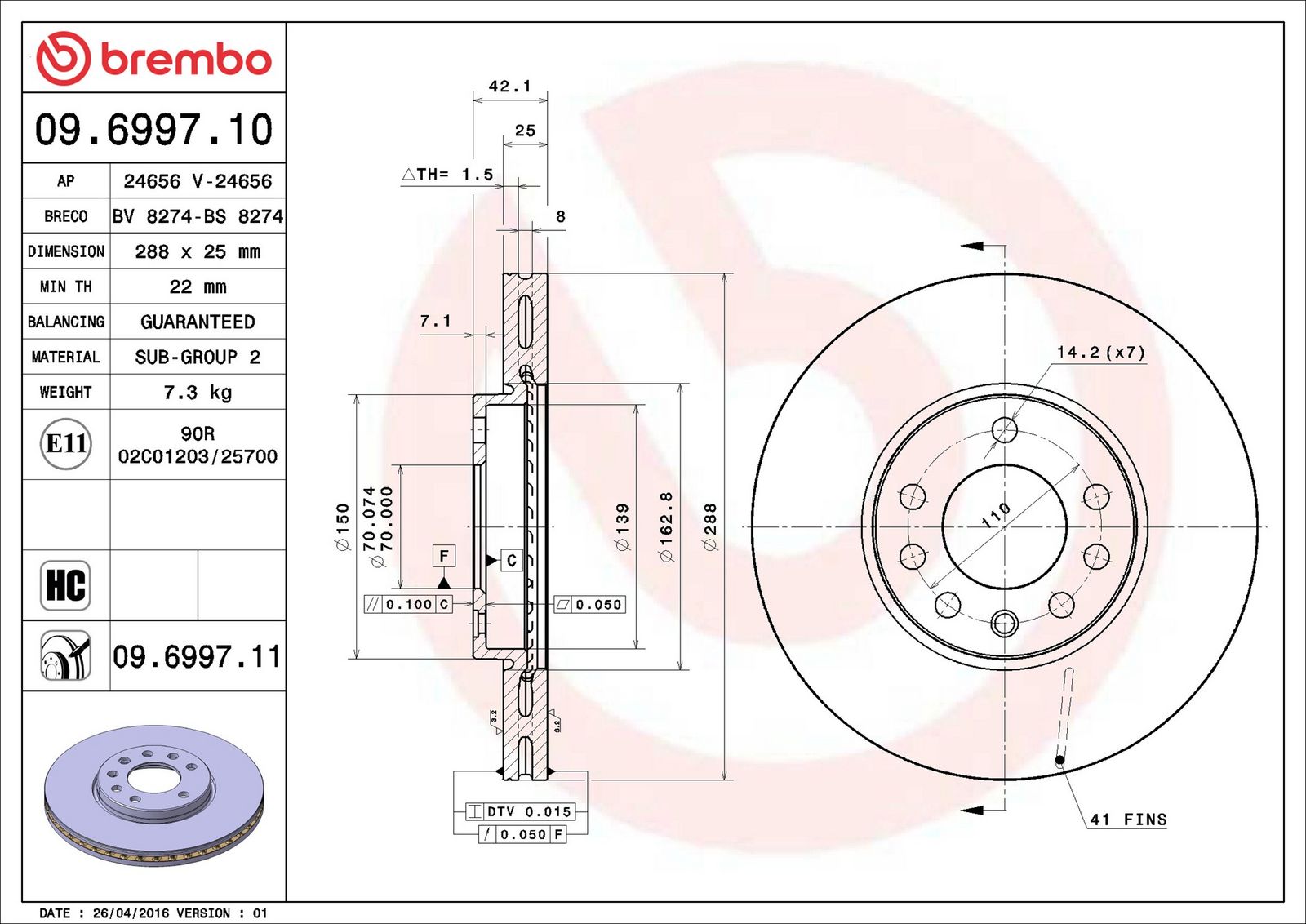 BREMBO 09.6997.11 - Bremsscheibe