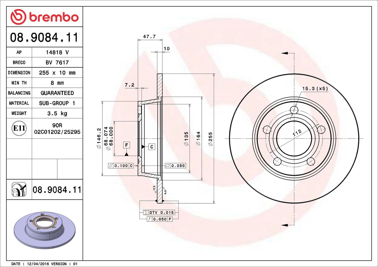 BREMBO 08.9084.11 - Bremsscheibe