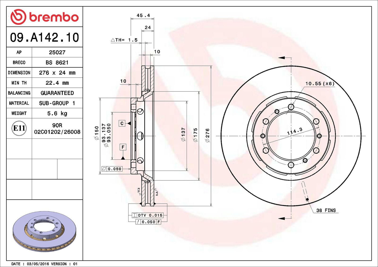 BREMBO 09.A142.10 - Bremsscheibe