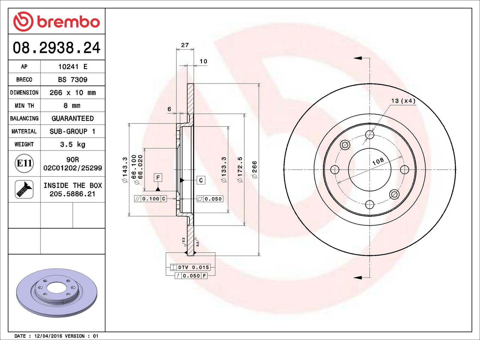 BREMBO 08.2938.24 - Bremsscheibe