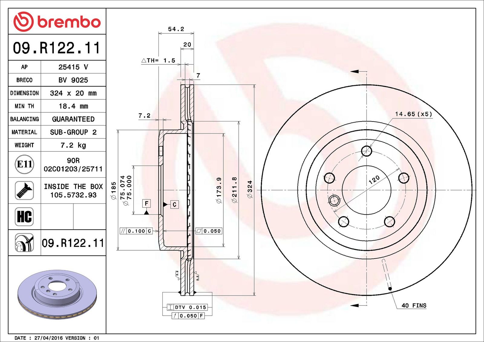 BREMBO 09.R122.11 - Bremsscheibe