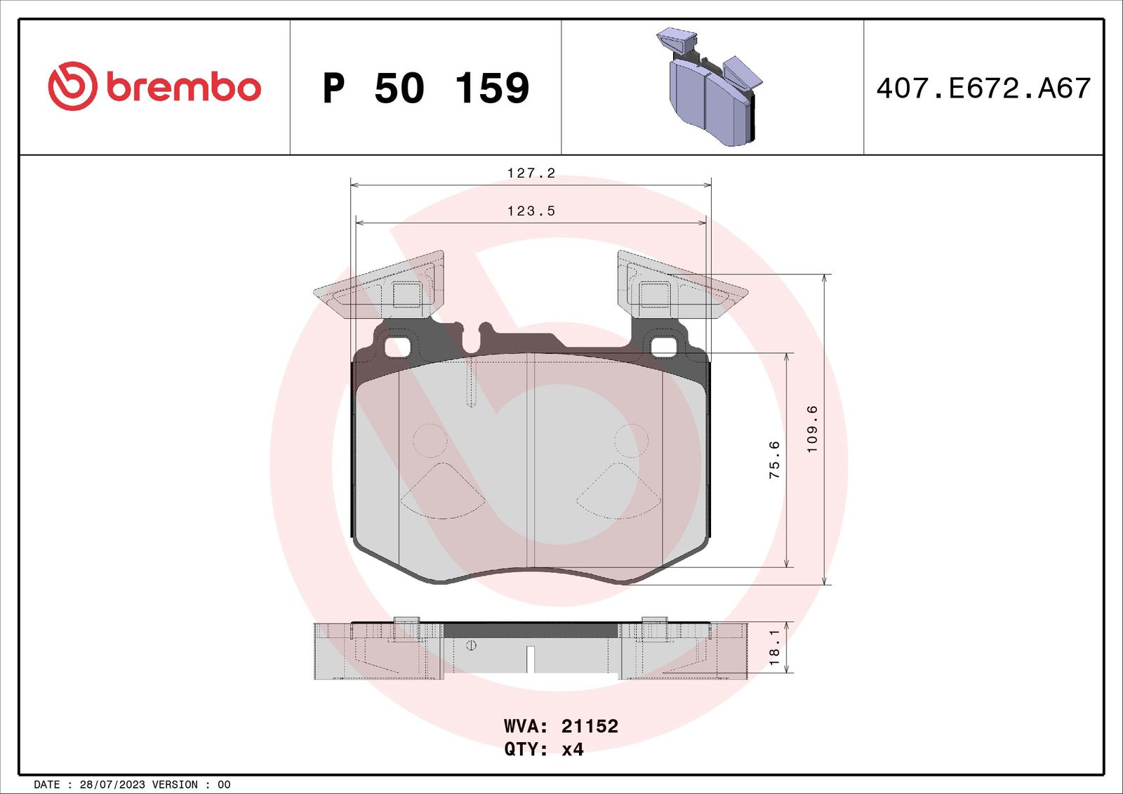 BREMBO P 50 159 - Bremsbelagsatz, Scheibenbremse
