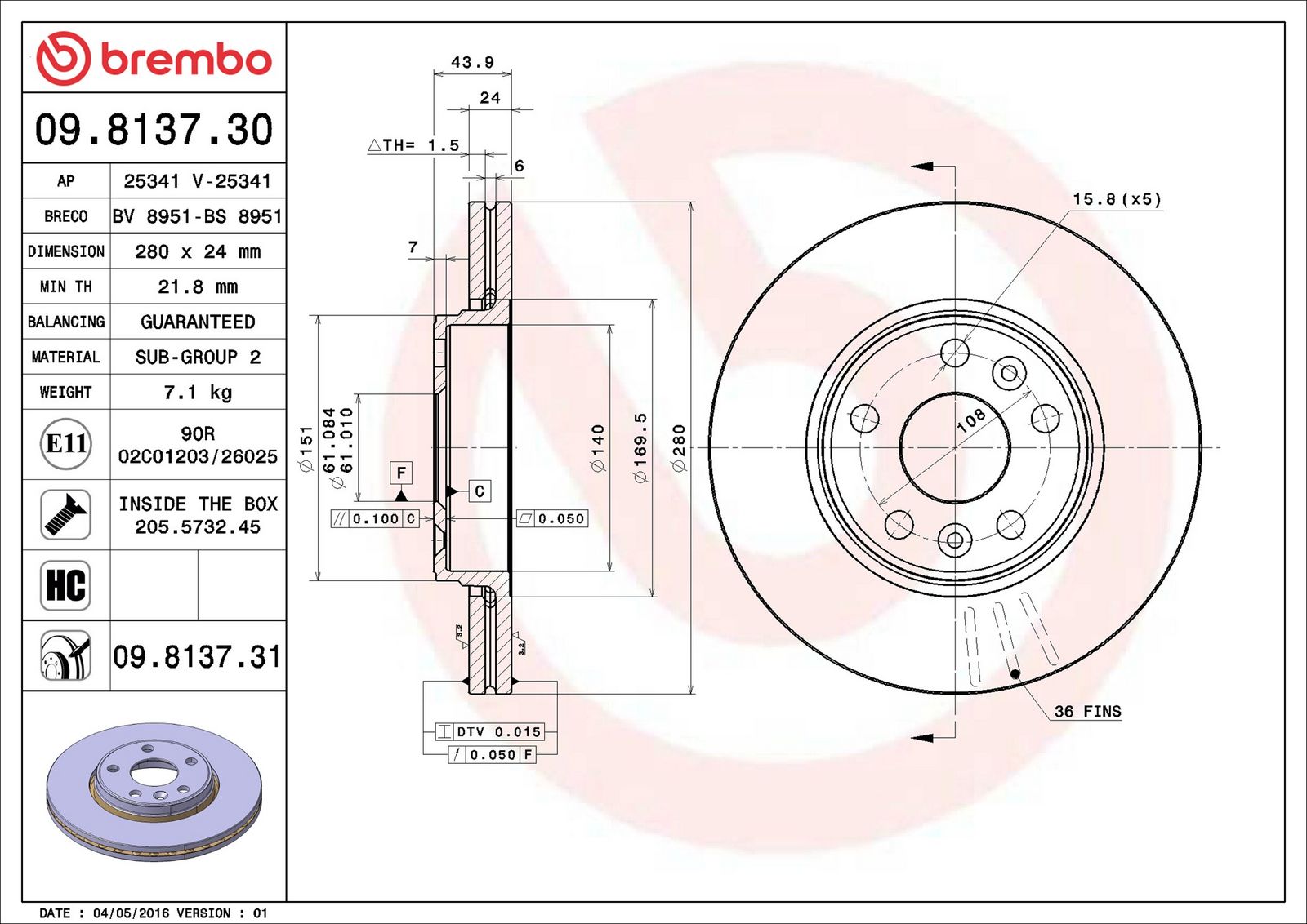 BREMBO 09.8137.31 - Bremsscheibe