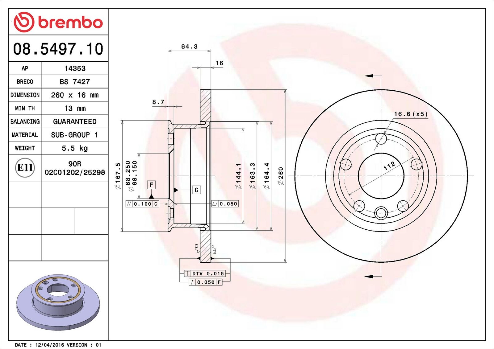 BREMBO 08.5497.10 - Bremsscheibe