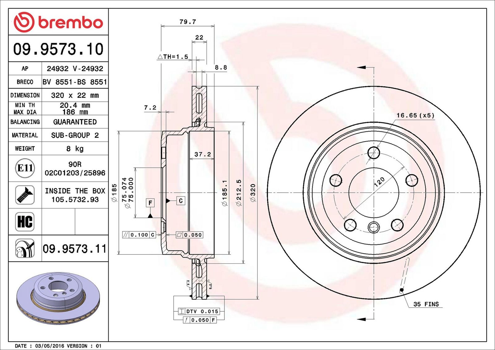 BREMBO 09.9573.11 - Bremsscheibe