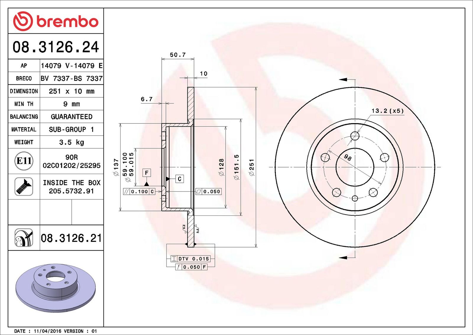 BREMBO 08.3126.21 - Bremsscheibe