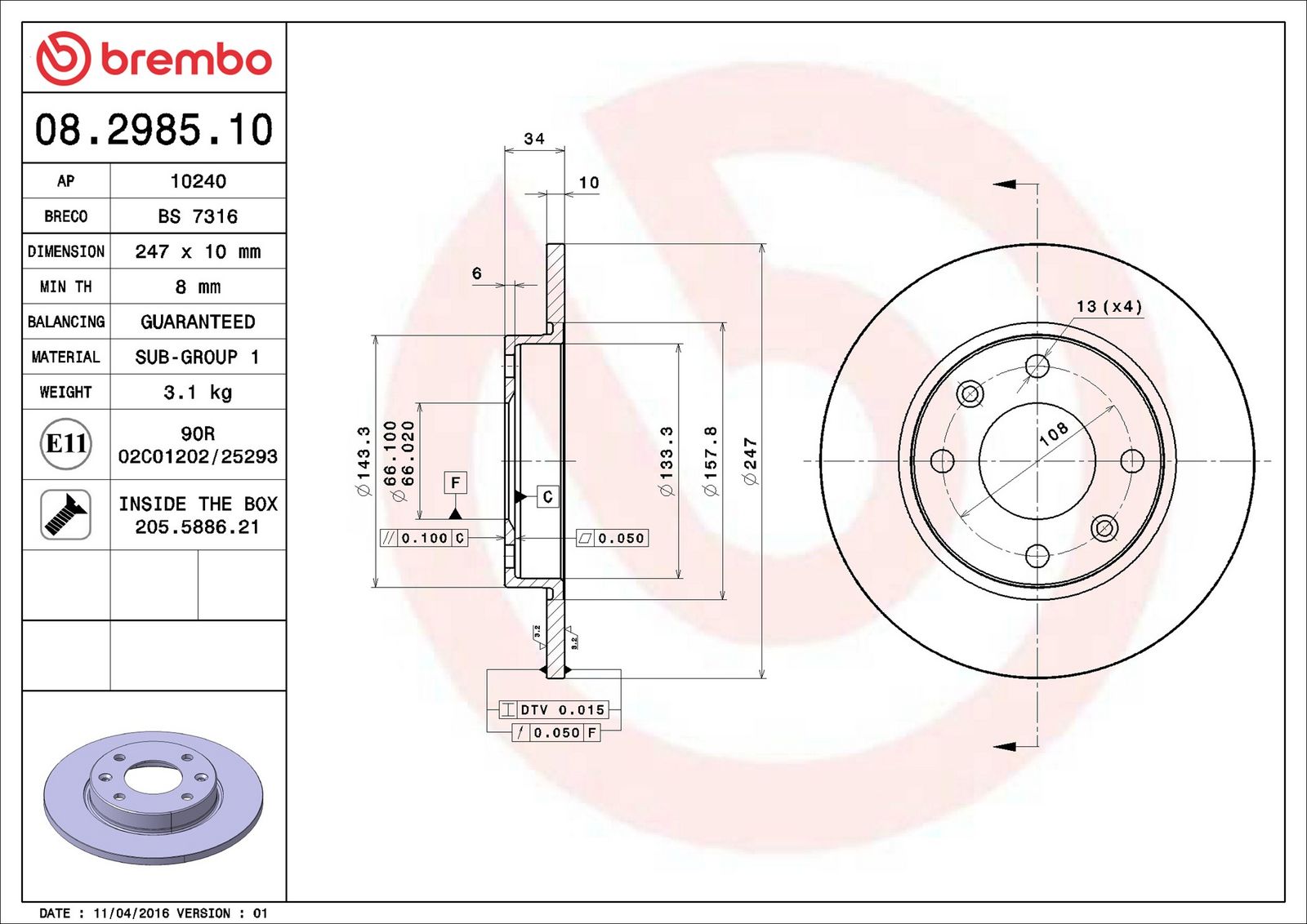 BREMBO 08.2985.10 - Bremsscheibe