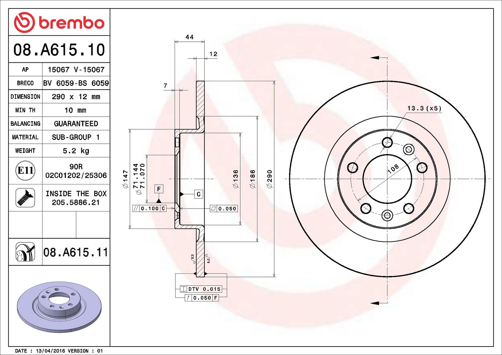 BREMBO 08.A615.11 - Bremsscheibe