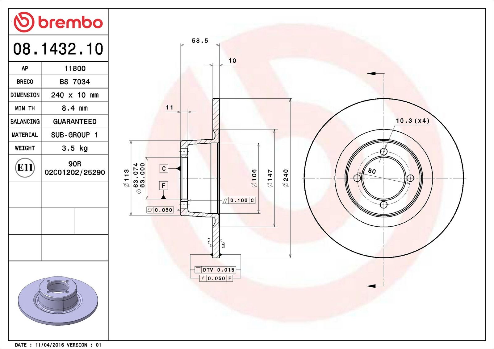 BREMBO 08.1432.10 - Bremsscheibe