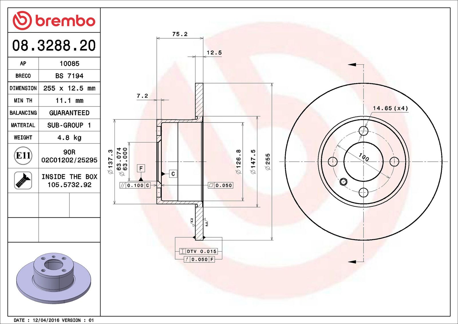 BREMBO 08.3288.20 - Bremsscheibe