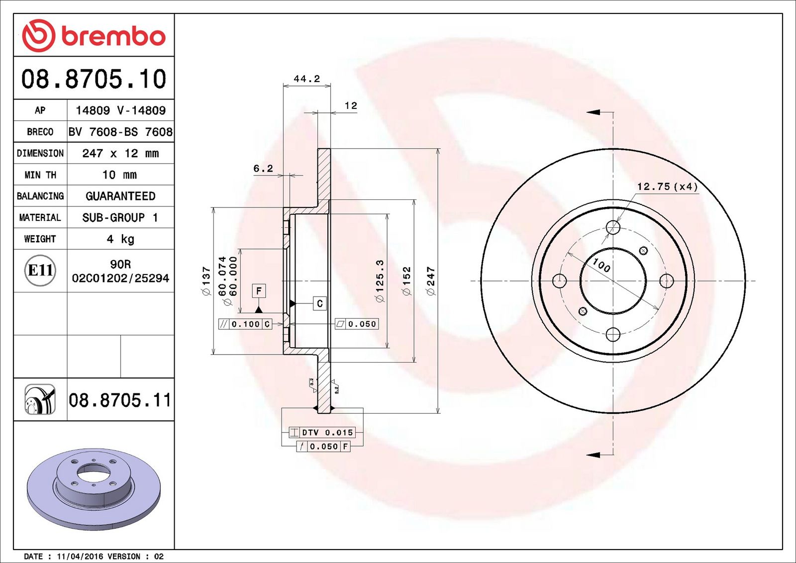 BREMBO 08.8705.11 - Bremsscheibe