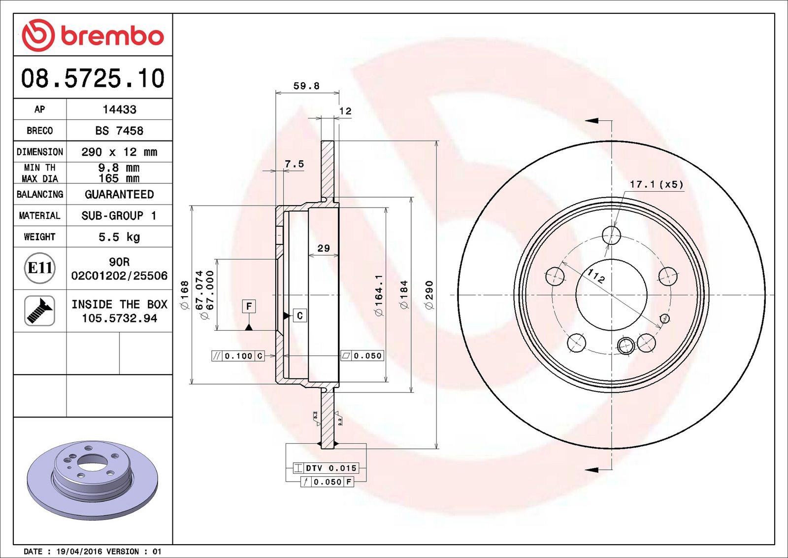 BREMBO 08.5725.10 - Bremsscheibe