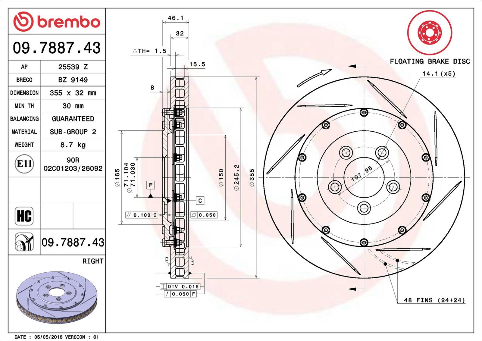 BREMBO 09.7887.43 - Bremsscheibe