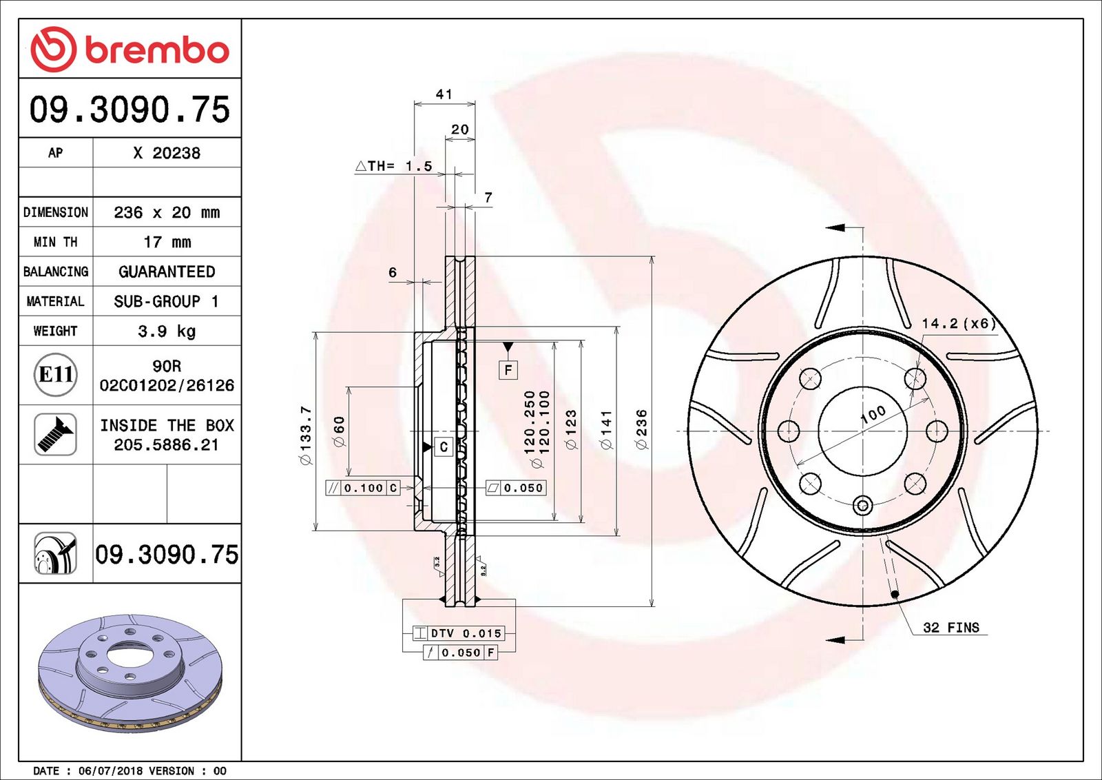 BREMBO 09.3090.75 - Bremsscheibe