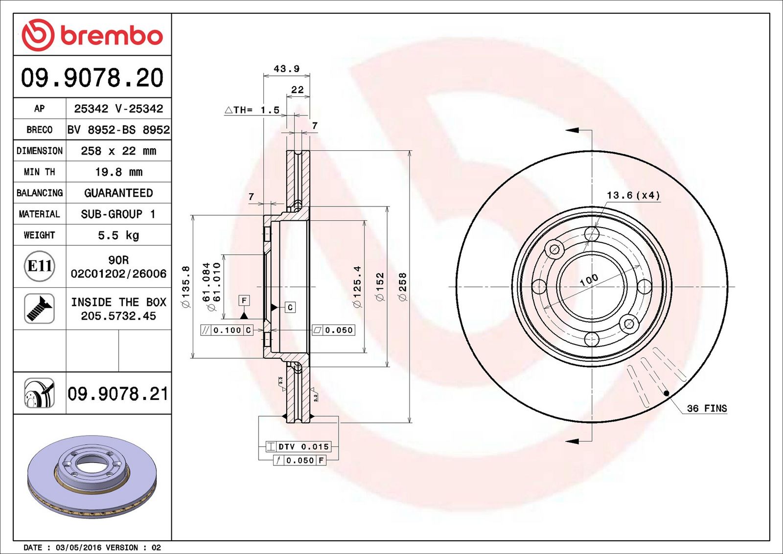 BREMBO 09.9078.21 - Bremsscheibe