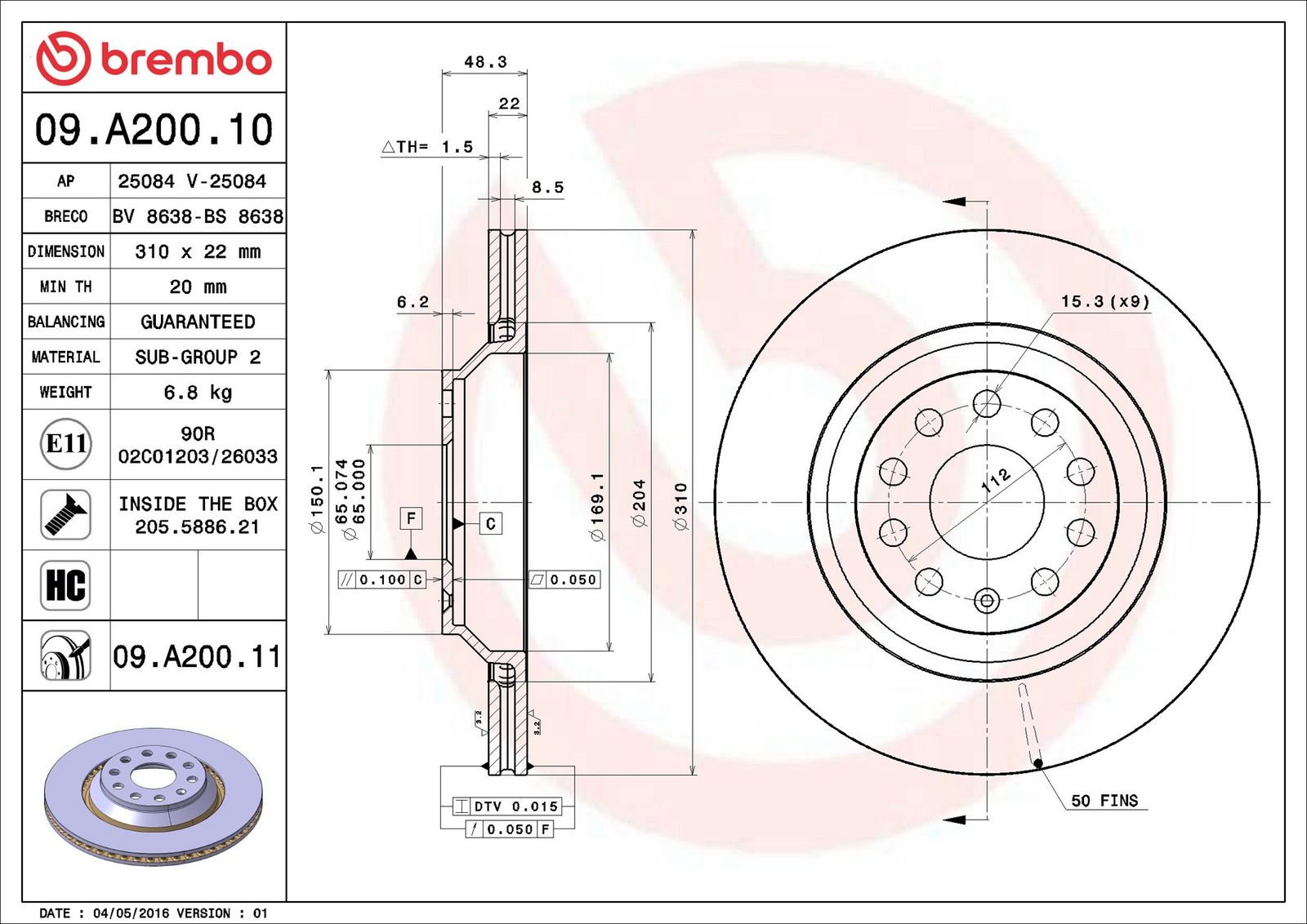 BREMBO 09.A200.11 - Bremsscheibe