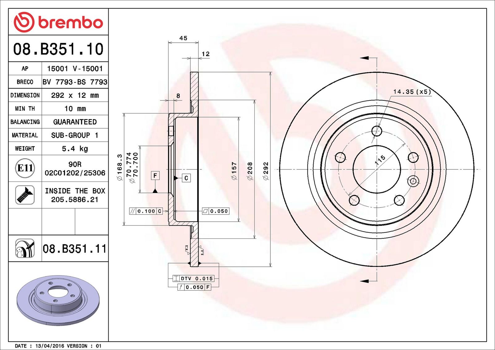 BREMBO 08.B351.11 - Bremsscheibe