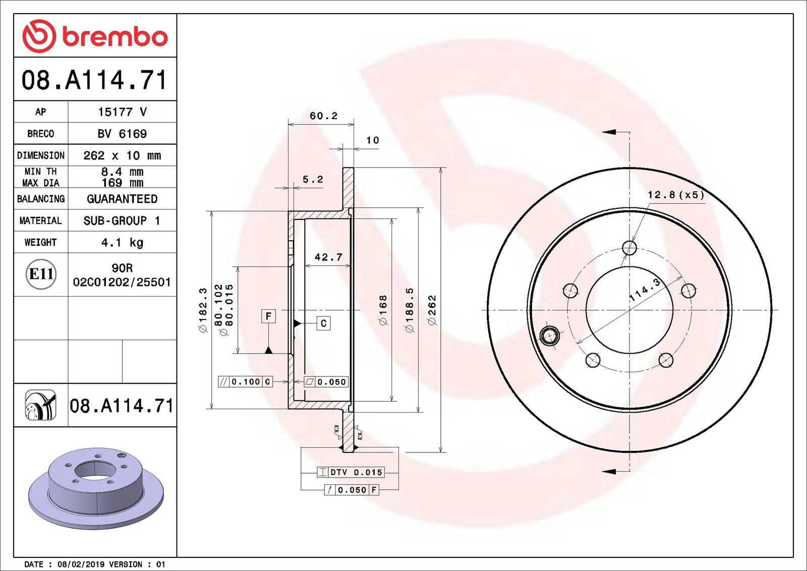 BREMBO 08.A114.71 - Bremsscheibe
