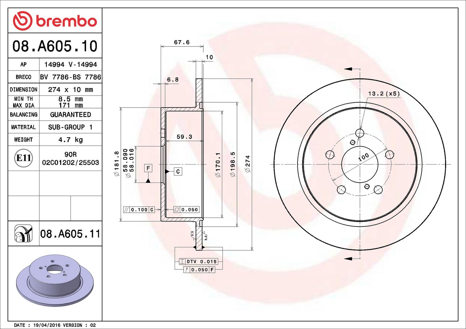 BREMBO 08.A605.11 - Bremsscheibe