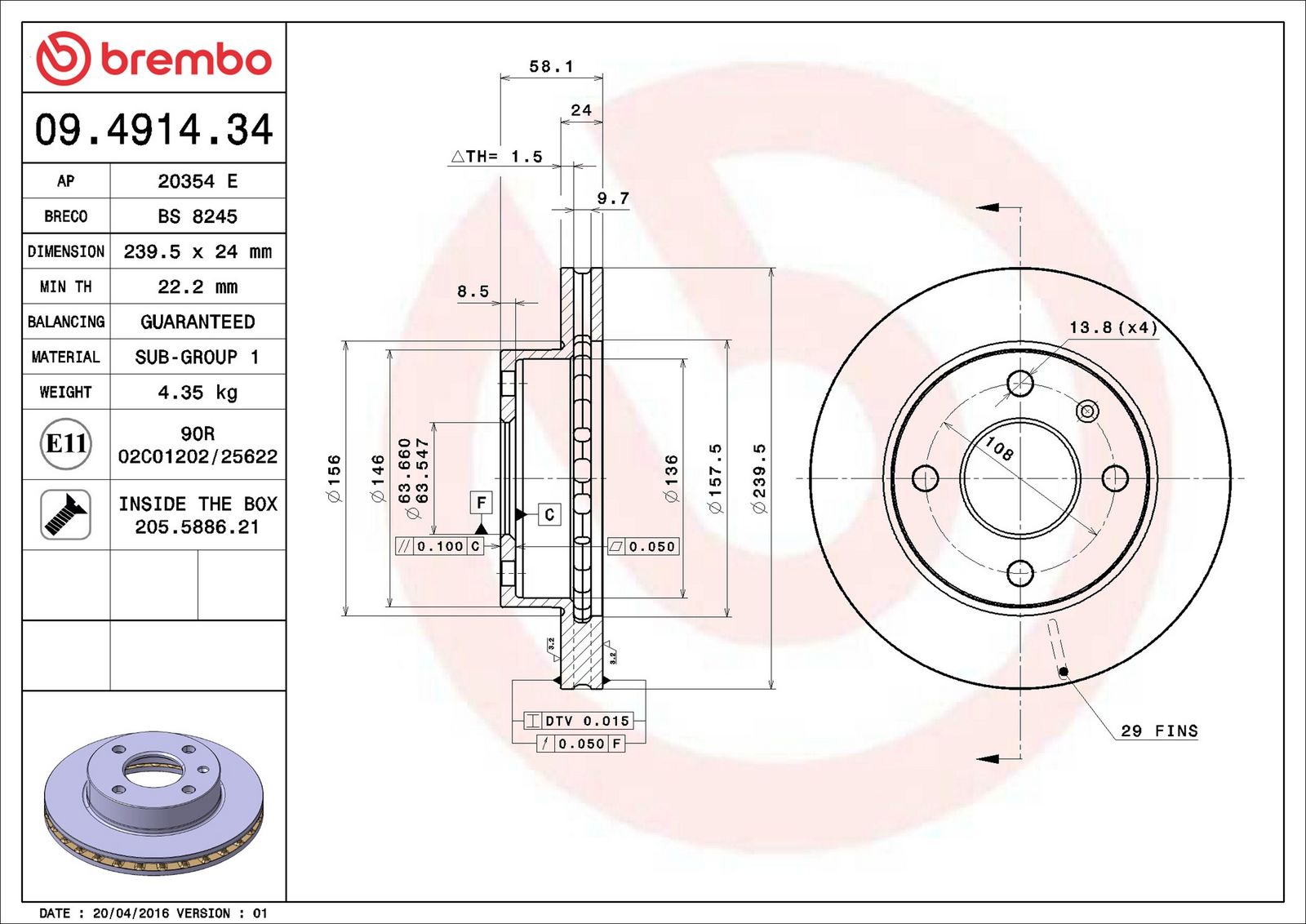 BREMBO 09.4914.34 - Bremsscheibe